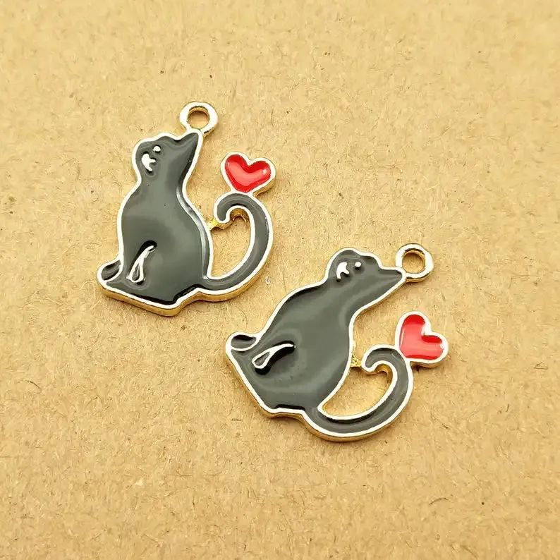 10pcs Heart Cat Charm for Jewelry Making Supplies Kawaii Enamel Animal Pendant Bracelet Earring Charms Accessories DIY Findings