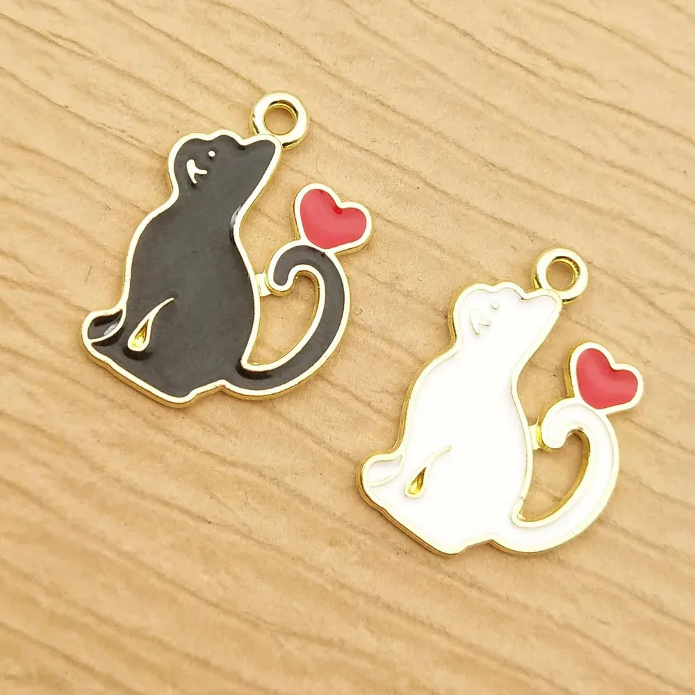 10pcs Heart Cat Charm for Jewelry Making Supplies Kawaii Enamel Animal Pendant Bracelet Earring Charms Accessories DIY Findings