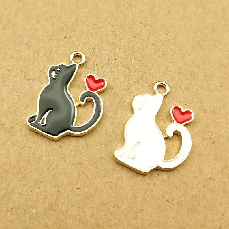 10pcs Heart Cat Charm for Jewelry Making Supplies Kawaii Enamel Animal Pendant Bracelet Earring Charms Accessories DIY Findings