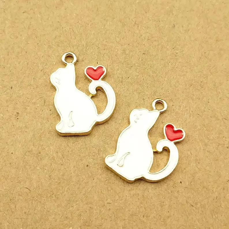 10pcs Heart Cat Charm for Jewelry Making Supplies Kawaii Enamel Animal Pendant Bracelet Earring Charms Accessories DIY Findings