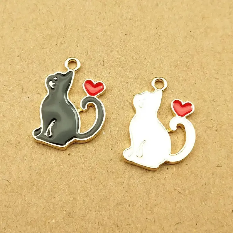 10pcs Heart Cat Charm for Jewelry Making Supplies Kawaii Enamel Animal Pendant Bracelet Earring Charms Accessories DIY Findings