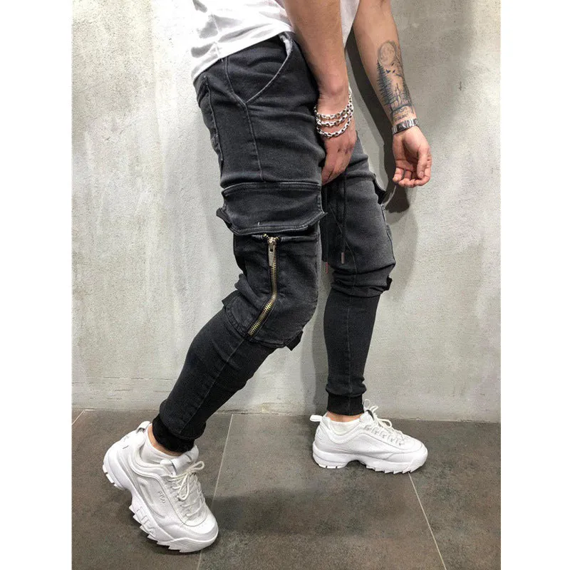 2023 European and American Multi-Pocket Hot Trade Men's Hip Hop Washed Casual Sports Pants Ankle-Tied Jeans Men's Autumn and Winter Men's Clothing