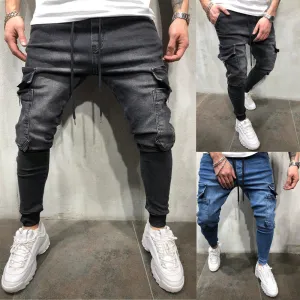 2023 European and American Multi-Pocket Hot Trade Men's Hip Hop Washed Casual Sports Pants Ankle-Tied Jeans Men's Autumn and Winter Men's Clothing