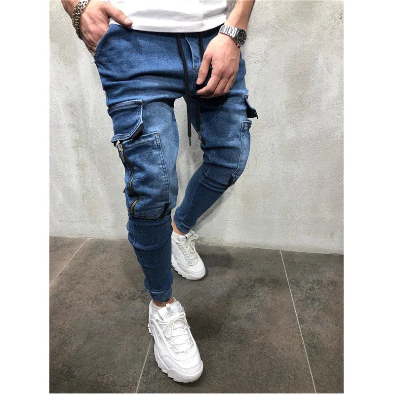 2023 European and American Multi-Pocket Hot Trade Men's Hip Hop Washed Casual Sports Pants Ankle-Tied Jeans Men's Autumn and Winter Men's Clothing