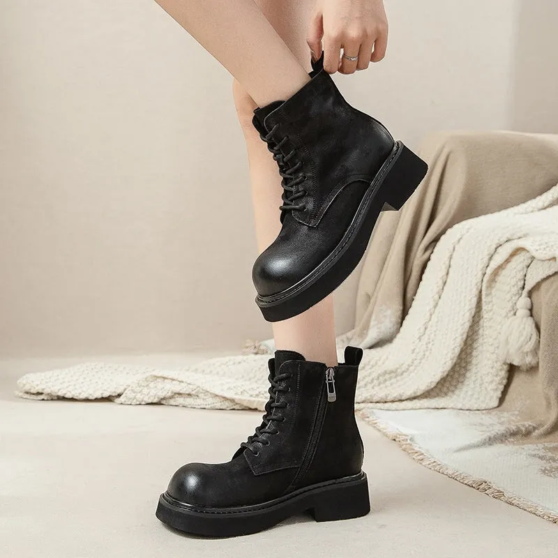 40mm Platform Boots Lace up Leather Martin Boots Big Toe Combat Boots in Coffee/Black