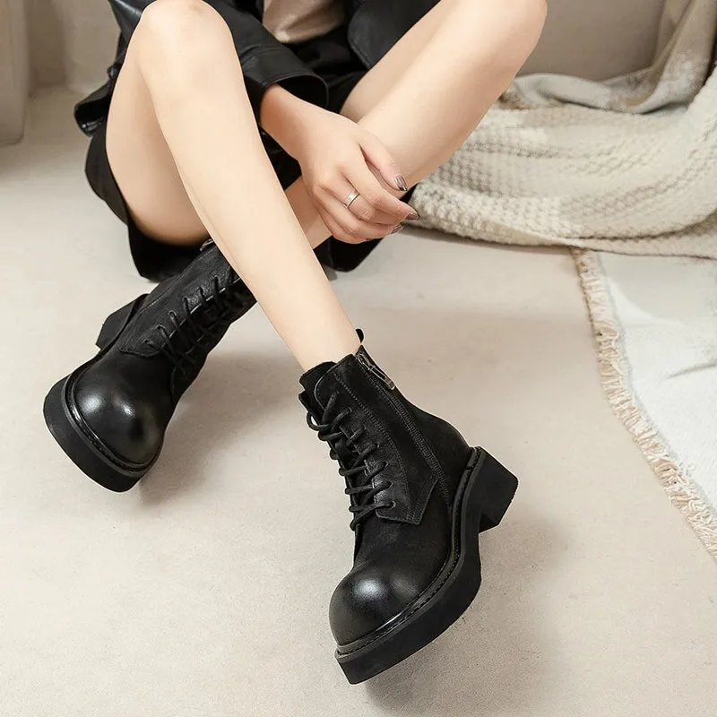 40mm Platform Boots Lace up Leather Martin Boots Big Toe Combat Boots in Coffee/Black