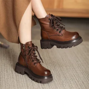 60mm Platform Boots Lace up Leather Martin Boots Handmade Combat Boots in Coffee/Black