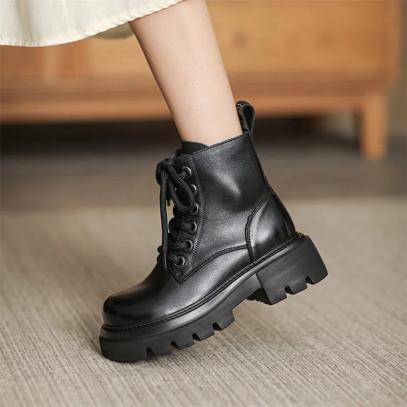 60mm Platform Boots Lace up Leather Martin Boots Handmade Combat Boots in Coffee/Black