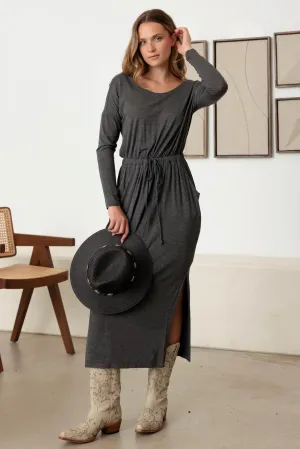 Belted Long Sleeve Side Slit Basic Maxi Dress