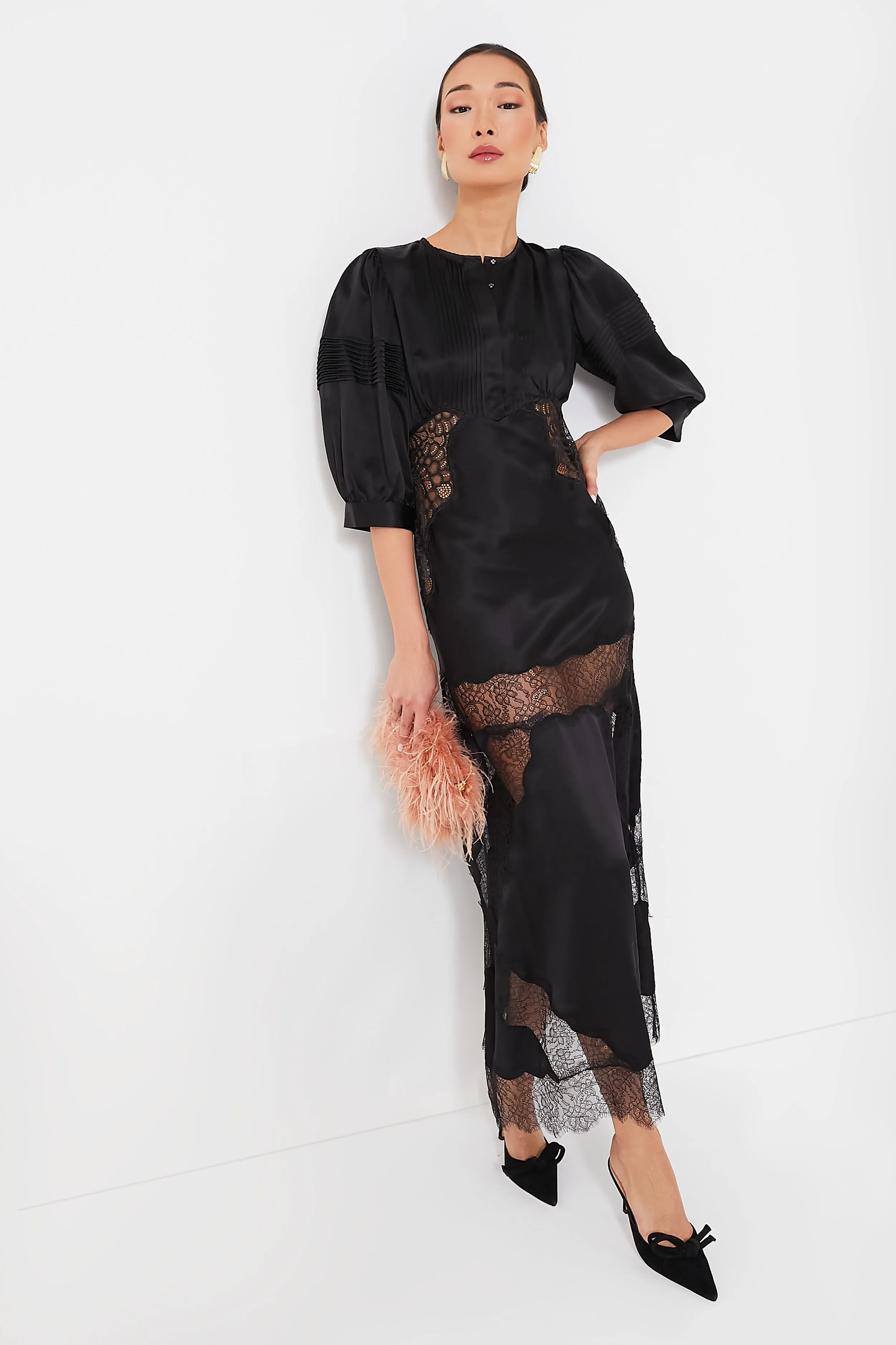 Black Charmeuse Lace Bias Dress