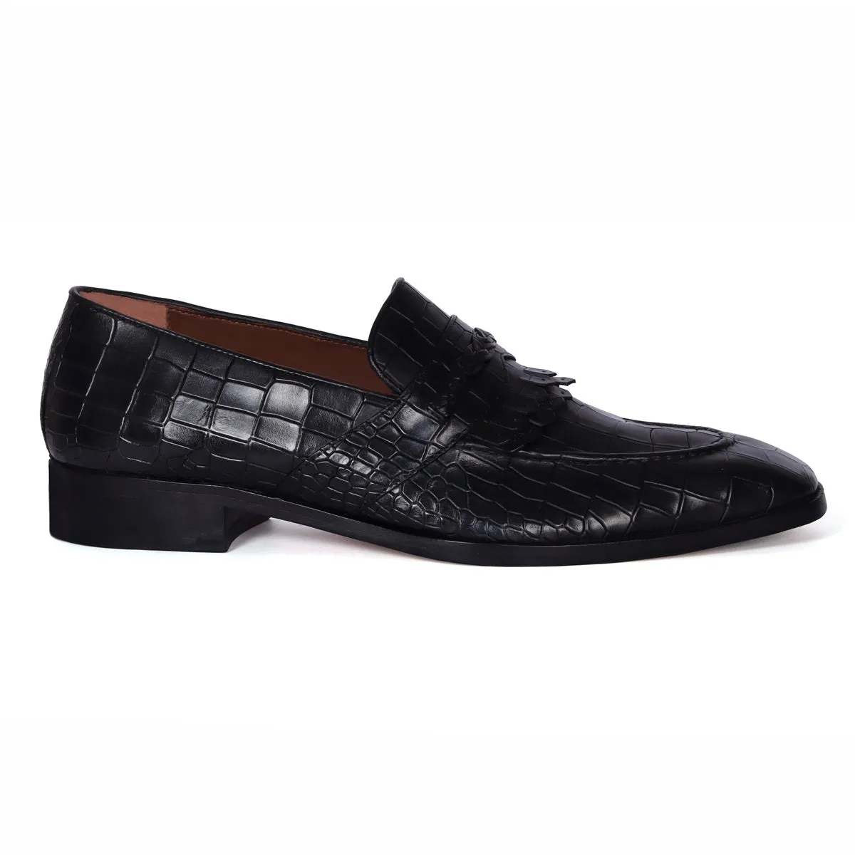 Black Croco Textured Leather Loafers Dual Fringes Weaved Strip Slip-On Shoes by Brune & Bareskin