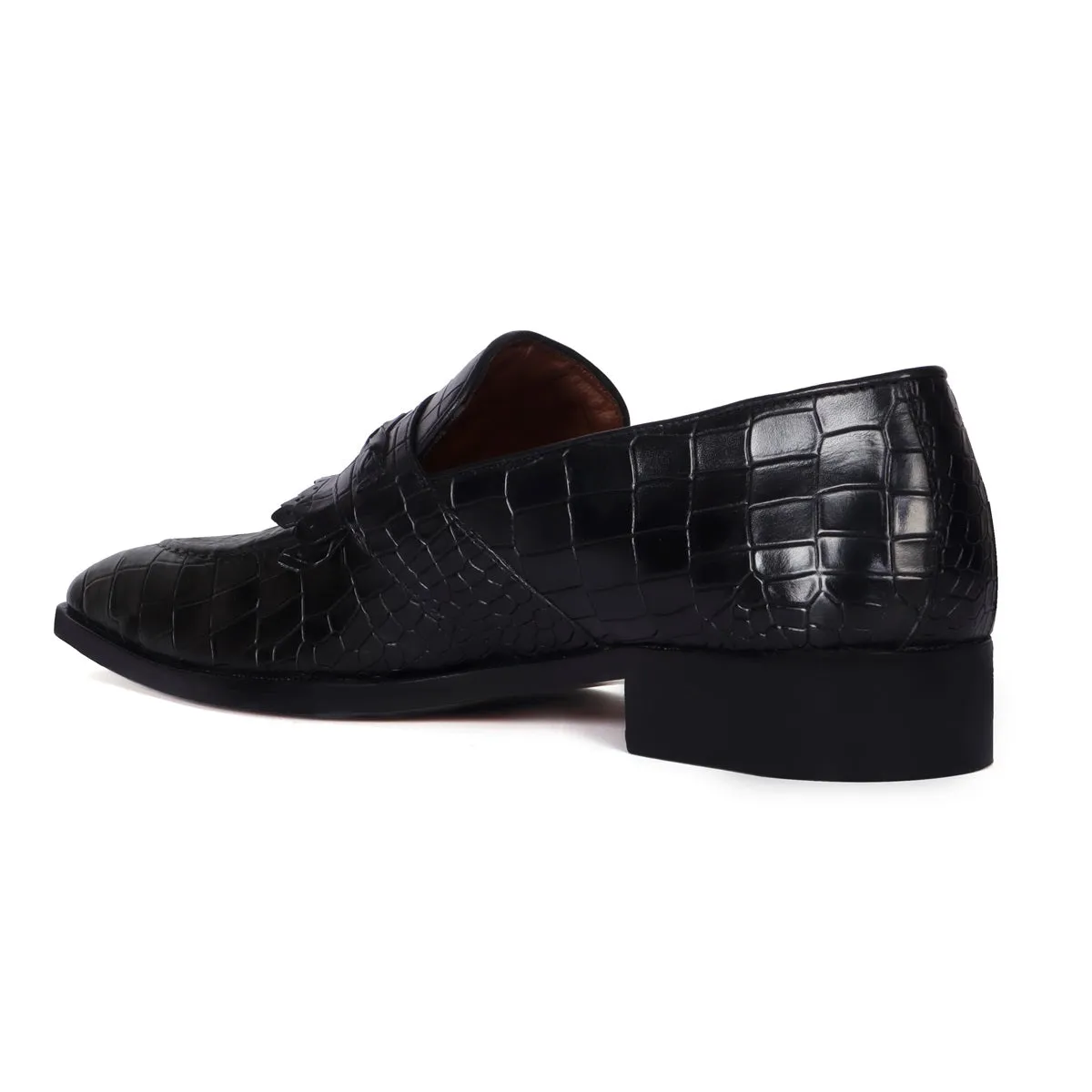 Black Croco Textured Leather Loafers Dual Fringes Weaved Strip Slip-On Shoes by Brune & Bareskin