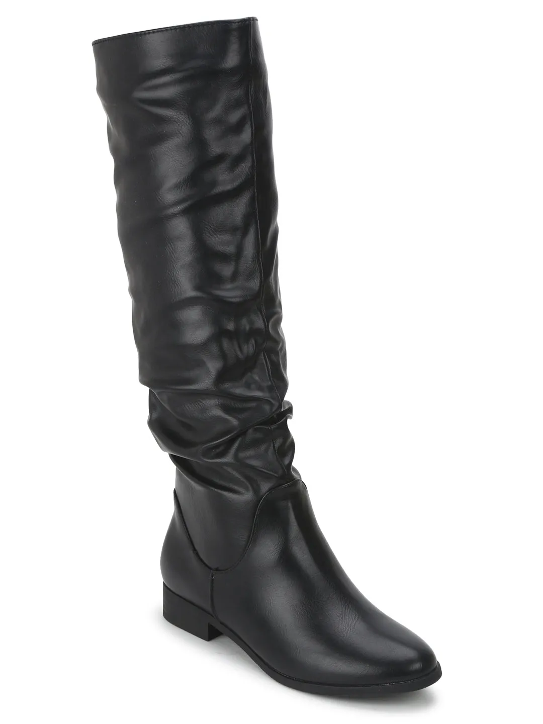 Black PU Slouch Flat Calf Length Long Boots