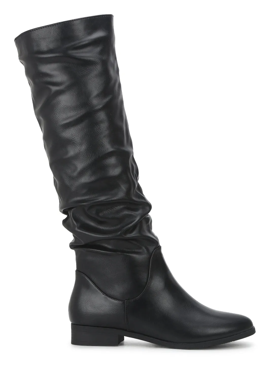 Black PU Slouch Flat Calf Length Long Boots