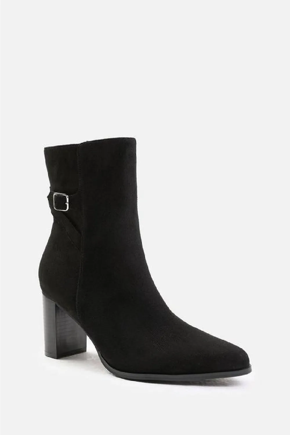 Black Suede Block Heel Boot With Buckle Detail