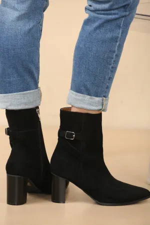 Black Suede Block Heel Boot With Buckle Detail