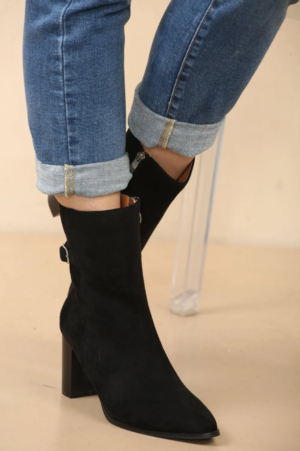 Black Suede Block Heel Boot With Buckle Detail