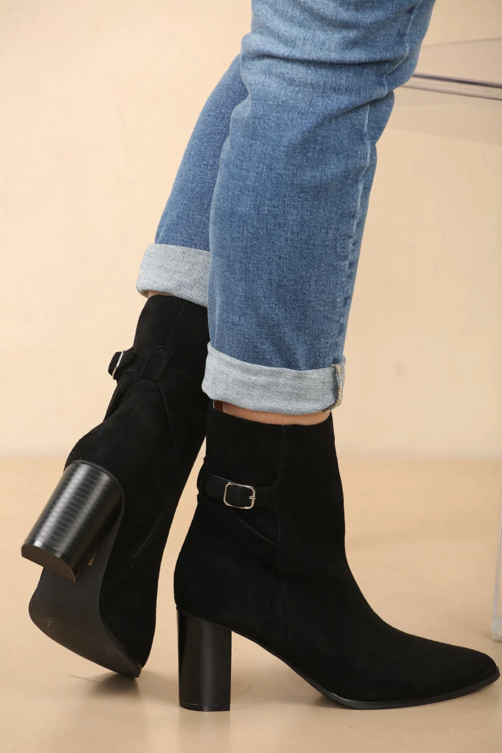 Black Suede Block Heel Boot With Buckle Detail