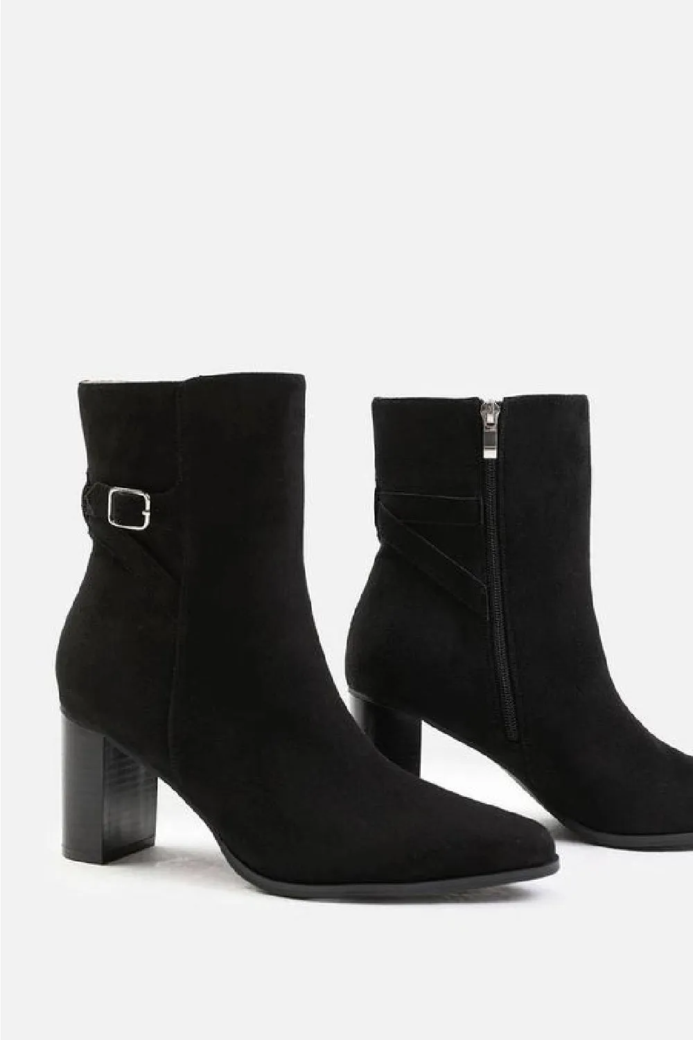 Black Suede Block Heel Boot With Buckle Detail