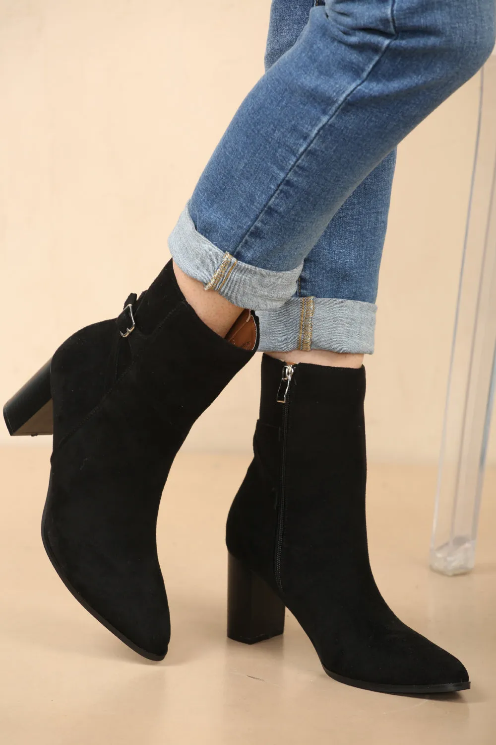 Black Suede Block Heel Boot With Buckle Detail