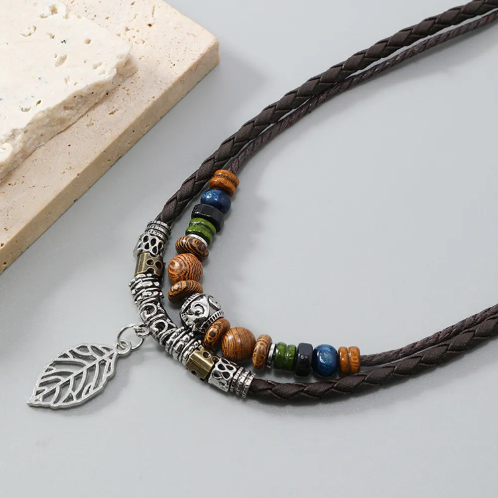 Boho Leaf Wood Bead Necklace