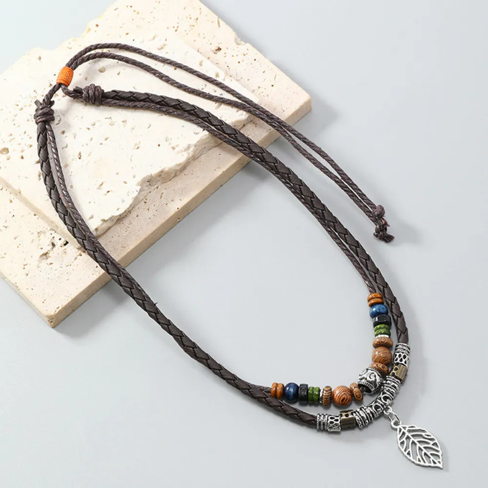 Boho Leaf Wood Bead Necklace