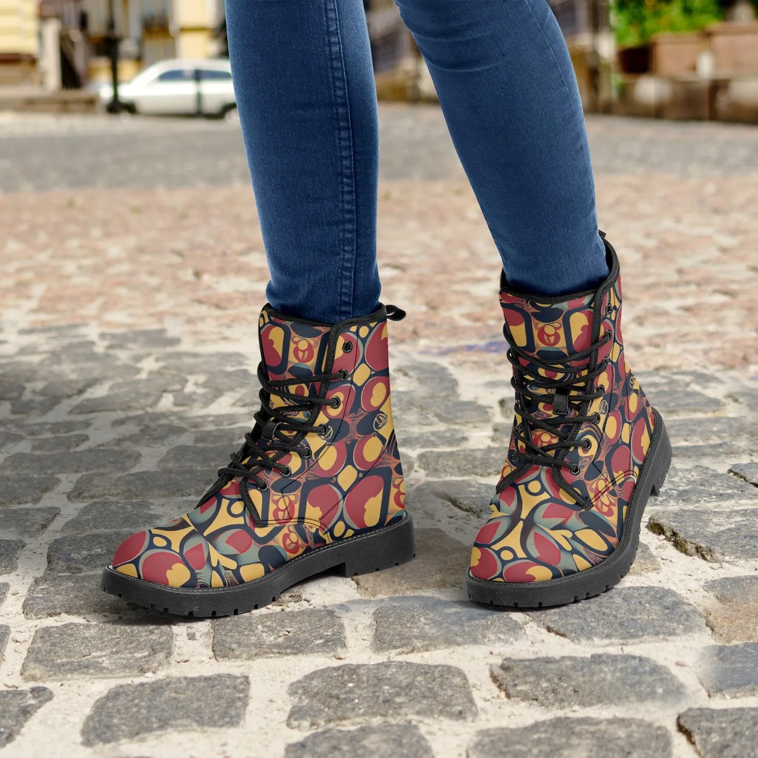 Bottes en cuir tendance "Motif noir, jaune et rouge"(188)