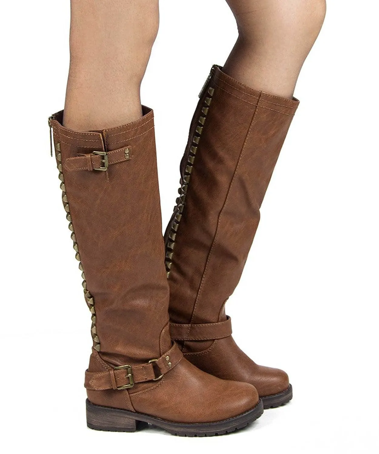 Breckelle Trooper-14 Studded Buckle Riding Knee High Combat Boot Brown