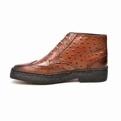 British Walkers Playboy Wingtips Limited Edition Men's Cognac Tan Ostrich Leather High Top Boots