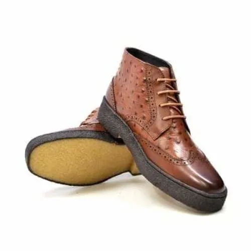 British Walkers Playboy Wingtips Limited Edition Men's Cognac Tan Ostrich Leather High Top Boots