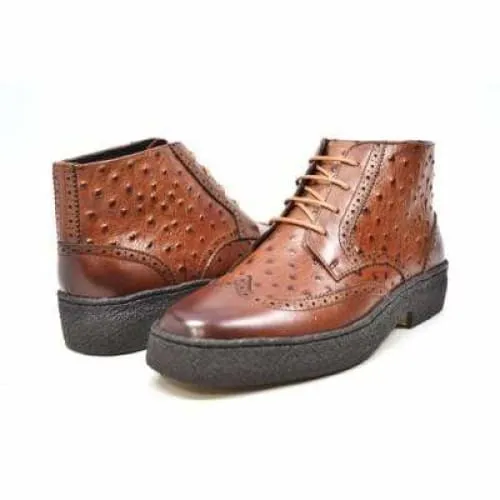 British Walkers Playboy Wingtips Limited Edition Men's Cognac Tan Ostrich Leather High Top Boots