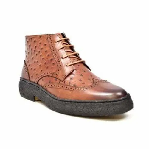 British Walkers Playboy Wingtips Limited Edition Men's Cognac Tan Ostrich Leather High Top Boots