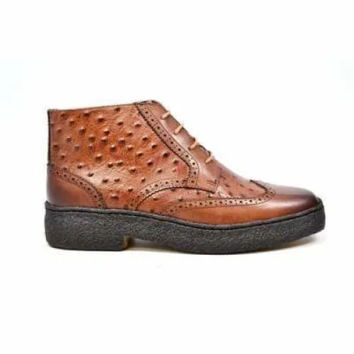 British Walkers Playboy Wingtips Limited Edition Men's Cognac Tan Ostrich Leather High Top Boots