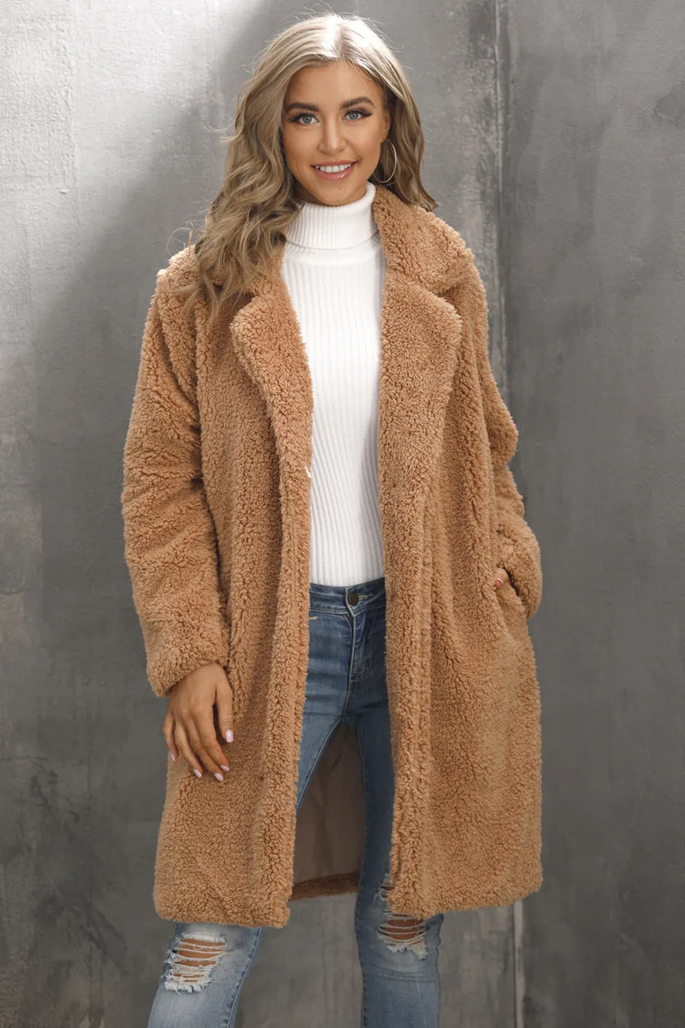 Camel Notched Lapel Long Faux Fur Women Coat