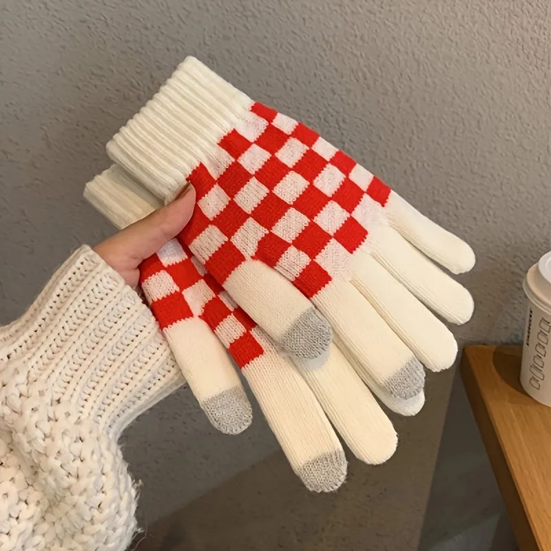 Checkerboard Pattern Knitting Gloves, Full Finger Winter Windproof Warm Gloves, Women's Stretchy Sports Gloves For Cycling Driving