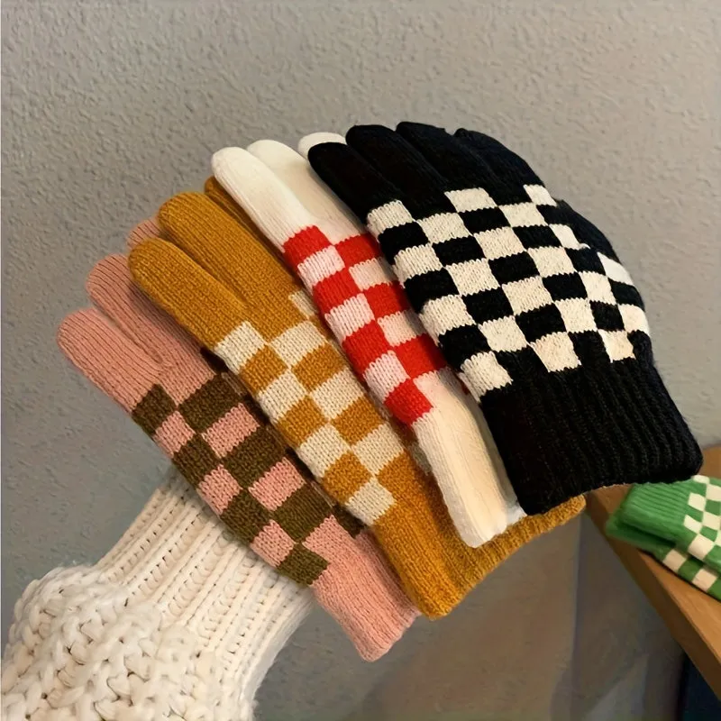 Checkerboard Pattern Knitting Gloves, Full Finger Winter Windproof Warm Gloves, Women's Stretchy Sports Gloves For Cycling Driving