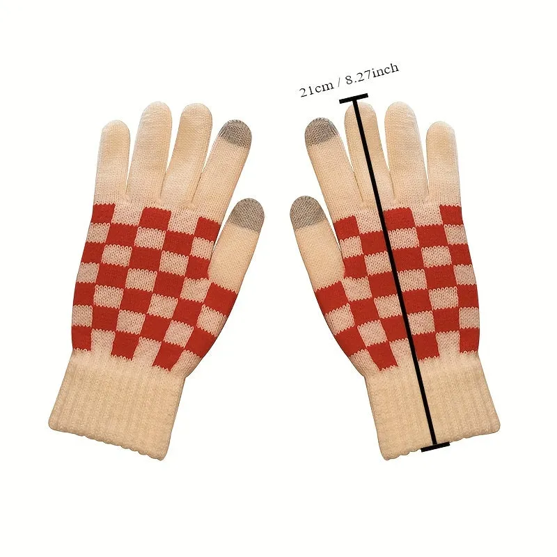 Checkerboard Pattern Knitting Gloves, Full Finger Winter Windproof Warm Gloves, Women's Stretchy Sports Gloves For Cycling Driving