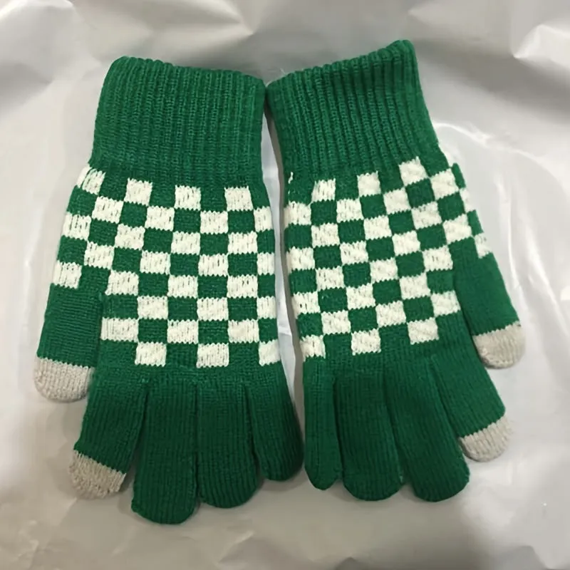 Checkerboard Pattern Knitting Gloves, Full Finger Winter Windproof Warm Gloves, Women's Stretchy Sports Gloves For Cycling Driving