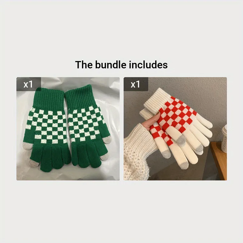 Checkerboard Pattern Knitting Gloves, Full Finger Winter Windproof Warm Gloves, Women's Stretchy Sports Gloves For Cycling Driving