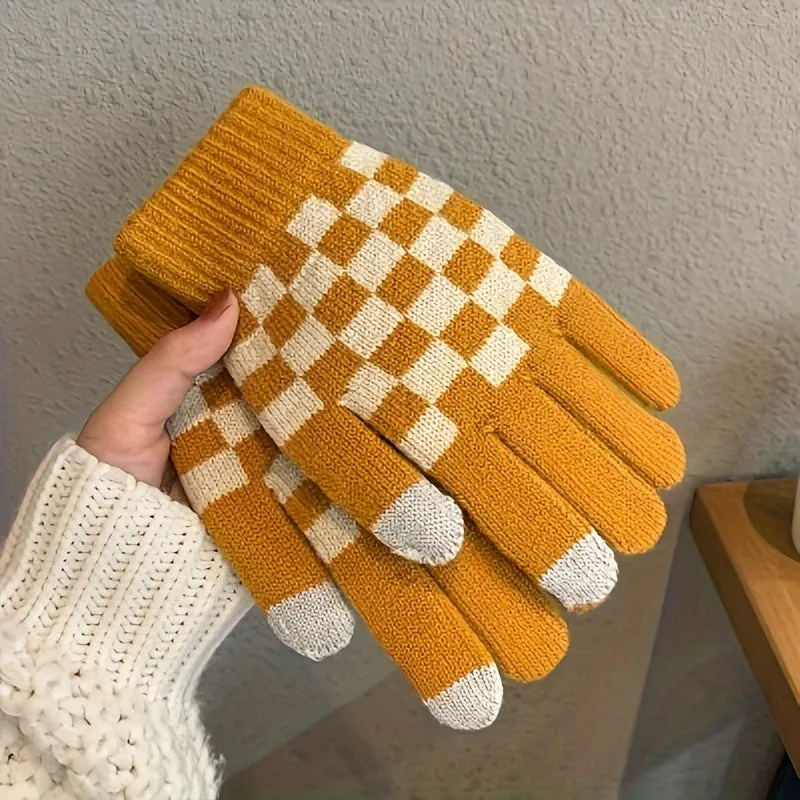 Checkerboard Pattern Knitting Gloves, Full Finger Winter Windproof Warm Gloves, Women's Stretchy Sports Gloves For Cycling Driving