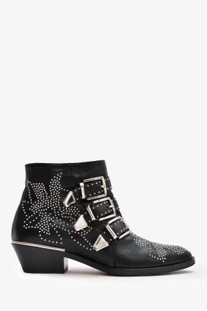 Chloe Black Leather Silver Tone Studded Susanna Ankle Boots Size 36