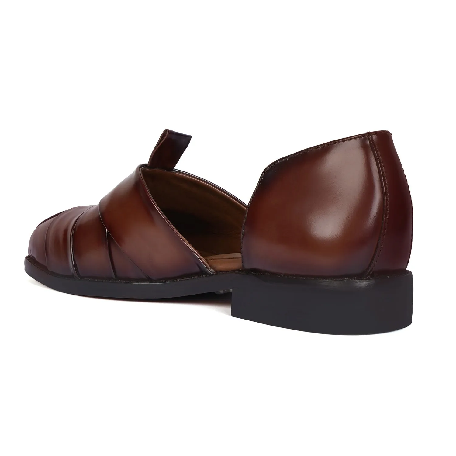 Classic Cross Strapped Dark Brown Leather Peshawari Sandals with Brand Logo