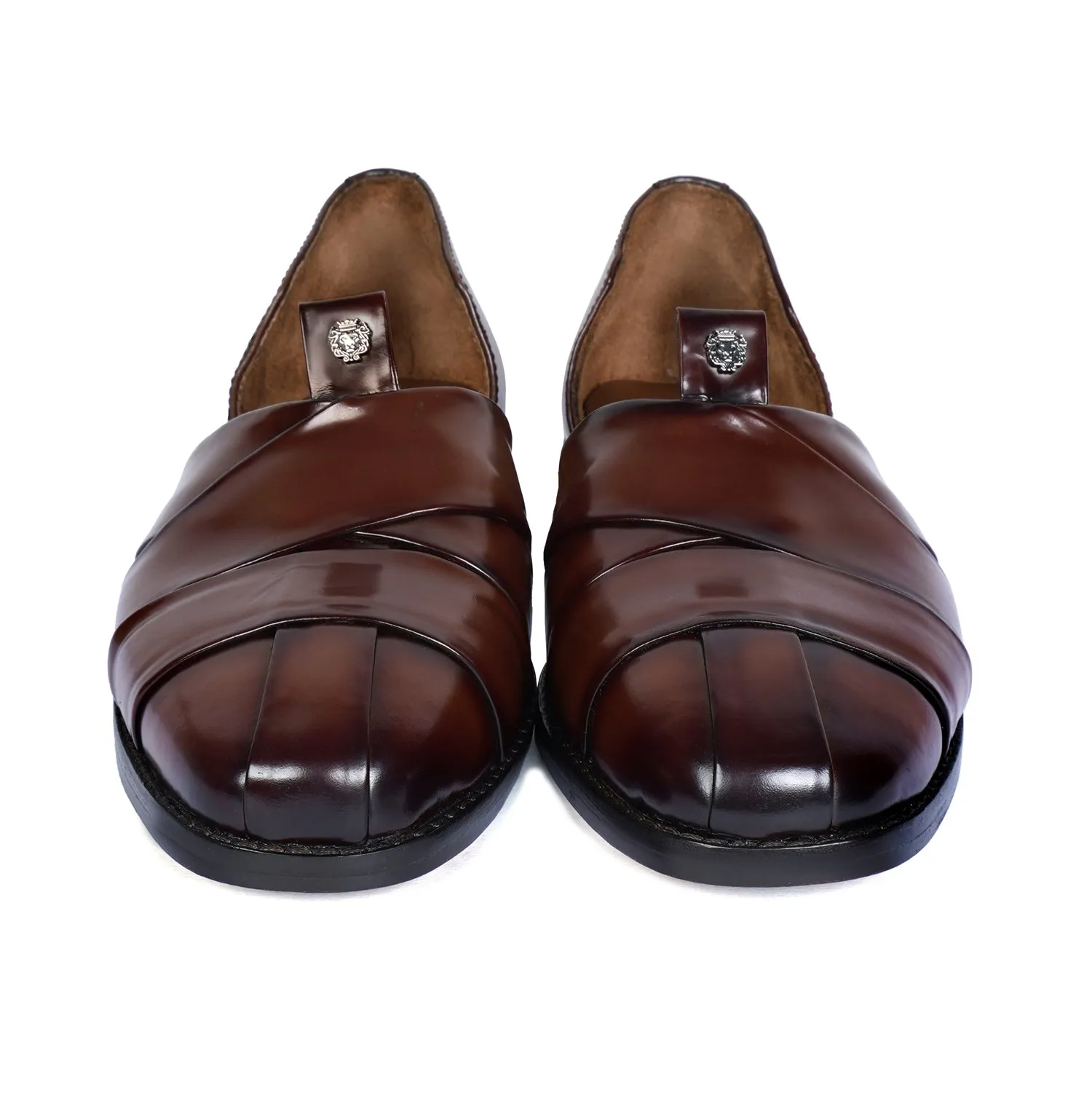 Classic Cross Strapped Dark Brown Leather Peshawari Sandals with Brand Logo