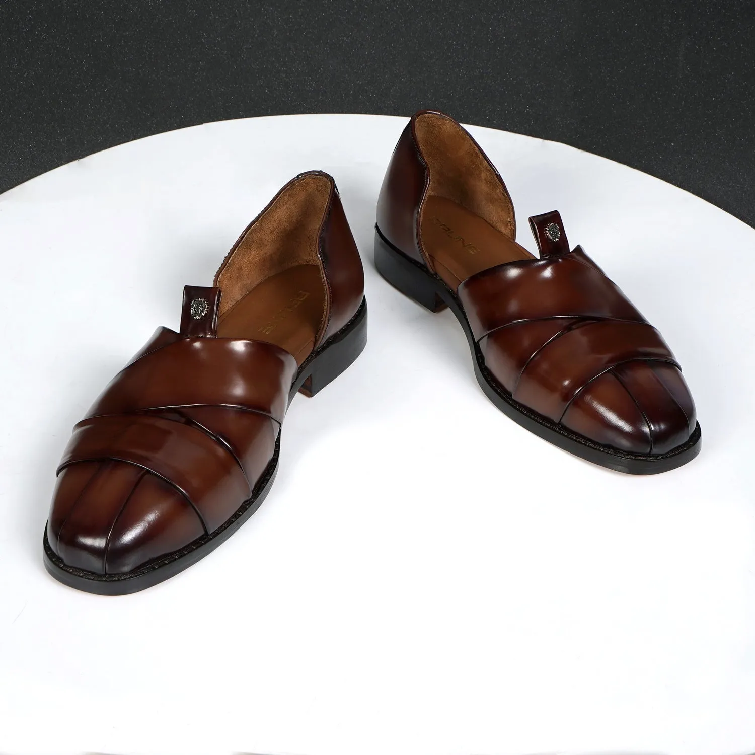 Classic Cross Strapped Dark Brown Leather Peshawari Sandals with Brand Logo