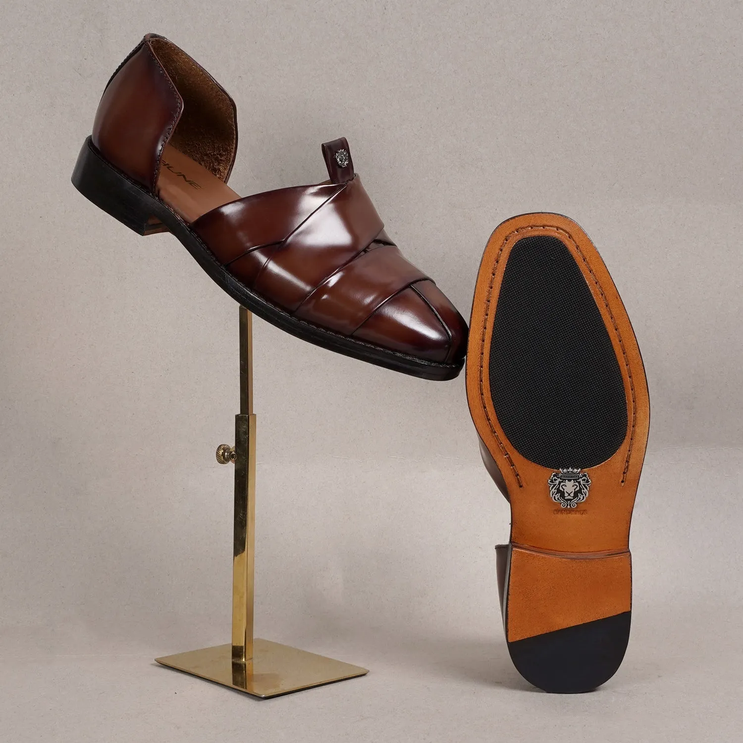 Classic Cross Strapped Dark Brown Leather Peshawari Sandals with Brand Logo