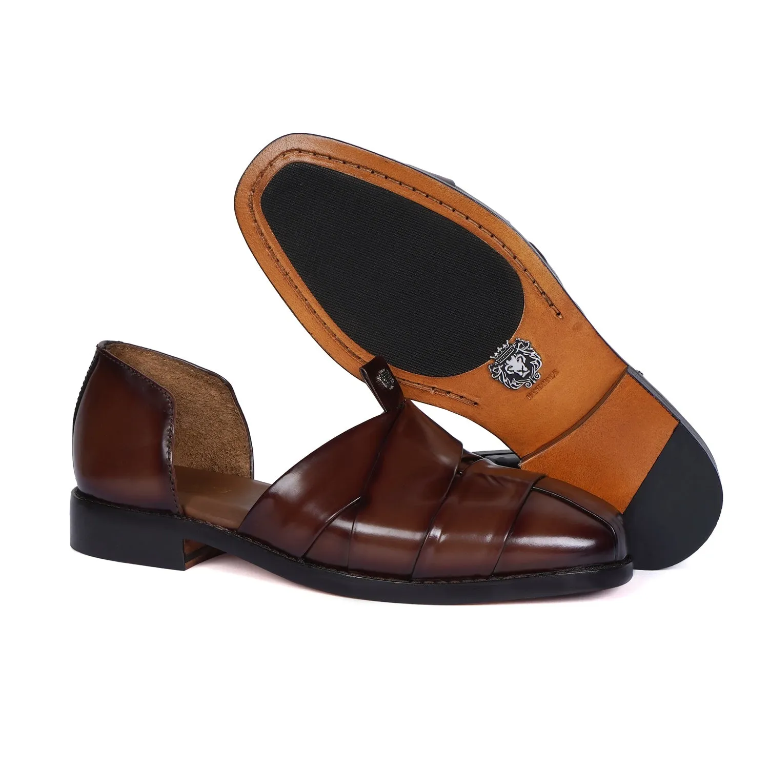 Classic Cross Strapped Dark Brown Leather Peshawari Sandals with Brand Logo