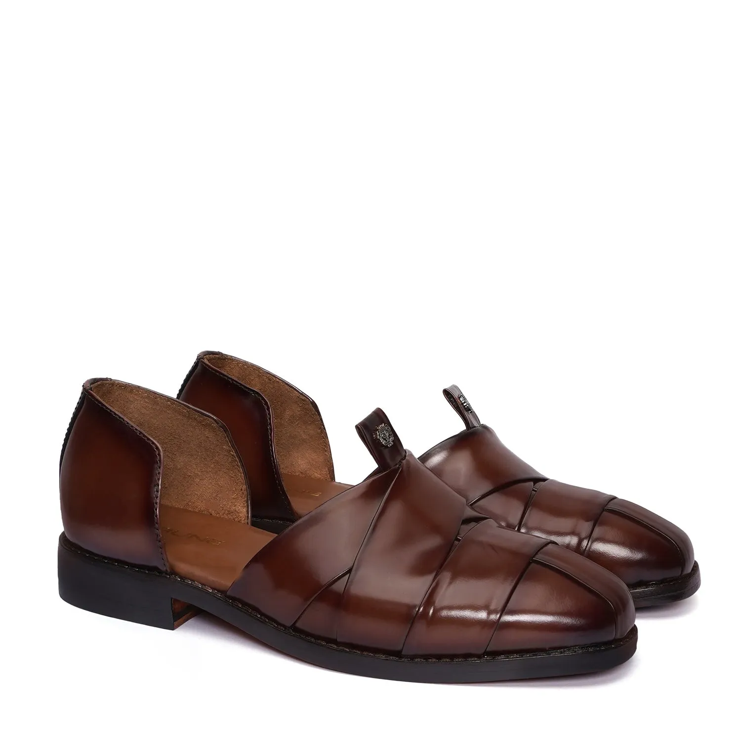 Classic Cross Strapped Dark Brown Leather Peshawari Sandals with Brand Logo