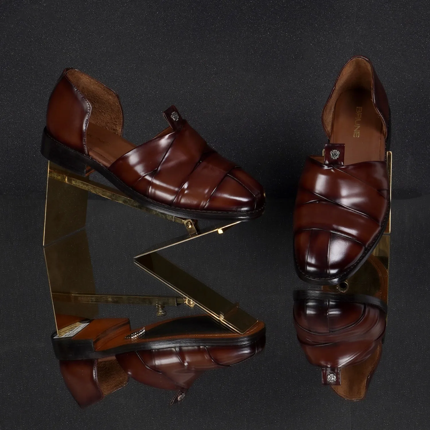 Classic Cross Strapped Dark Brown Leather Peshawari Sandals with Brand Logo