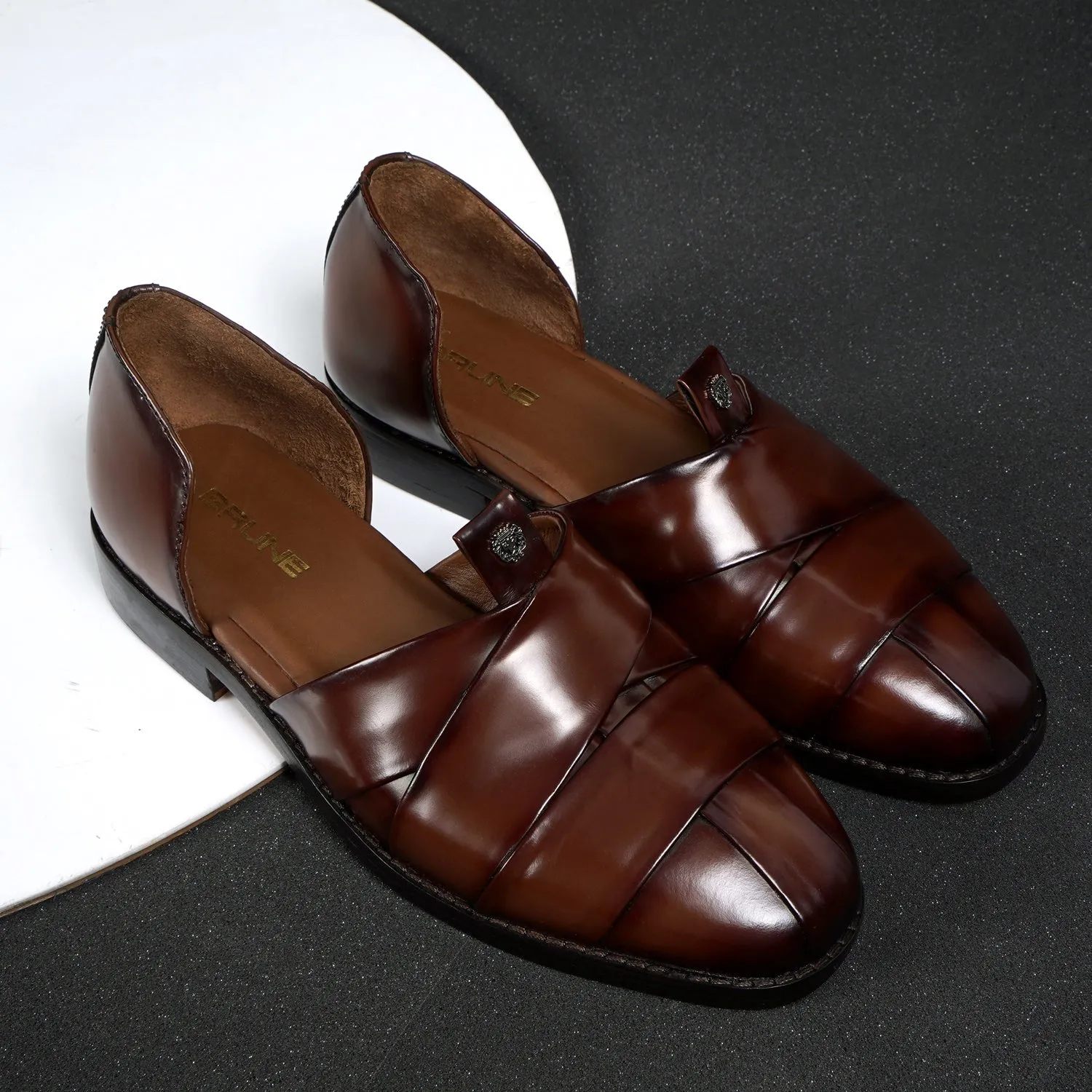 Classic Cross Strapped Dark Brown Leather Peshawari Sandals with Brand Logo