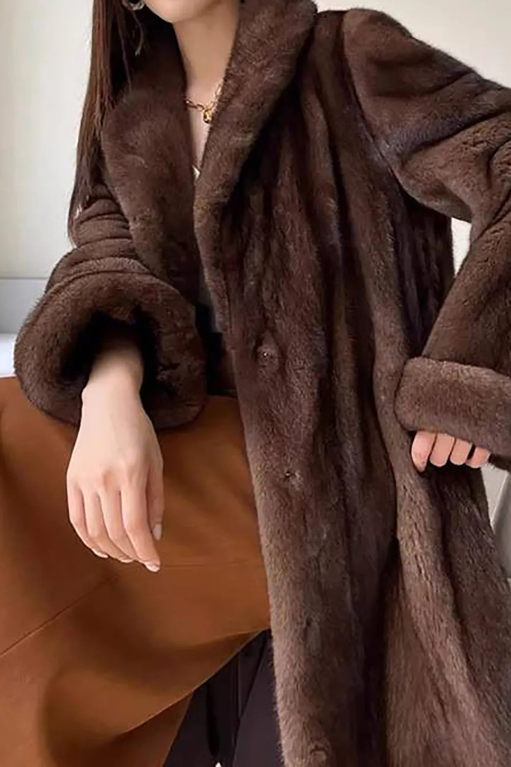 Coffee Open Front Faux Fur Long Women Fluffy Coat